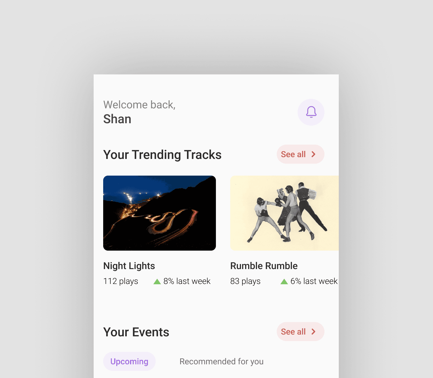 Artist home screen with trending tracks and events