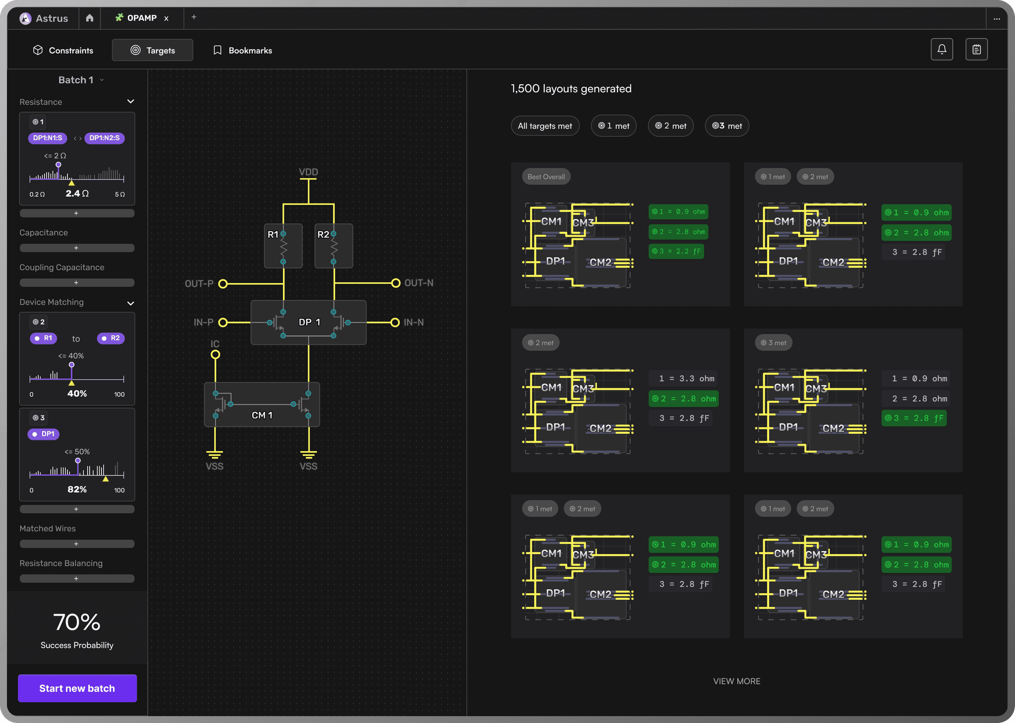 Astrus app generating 1,500 circuit layouts against design targets