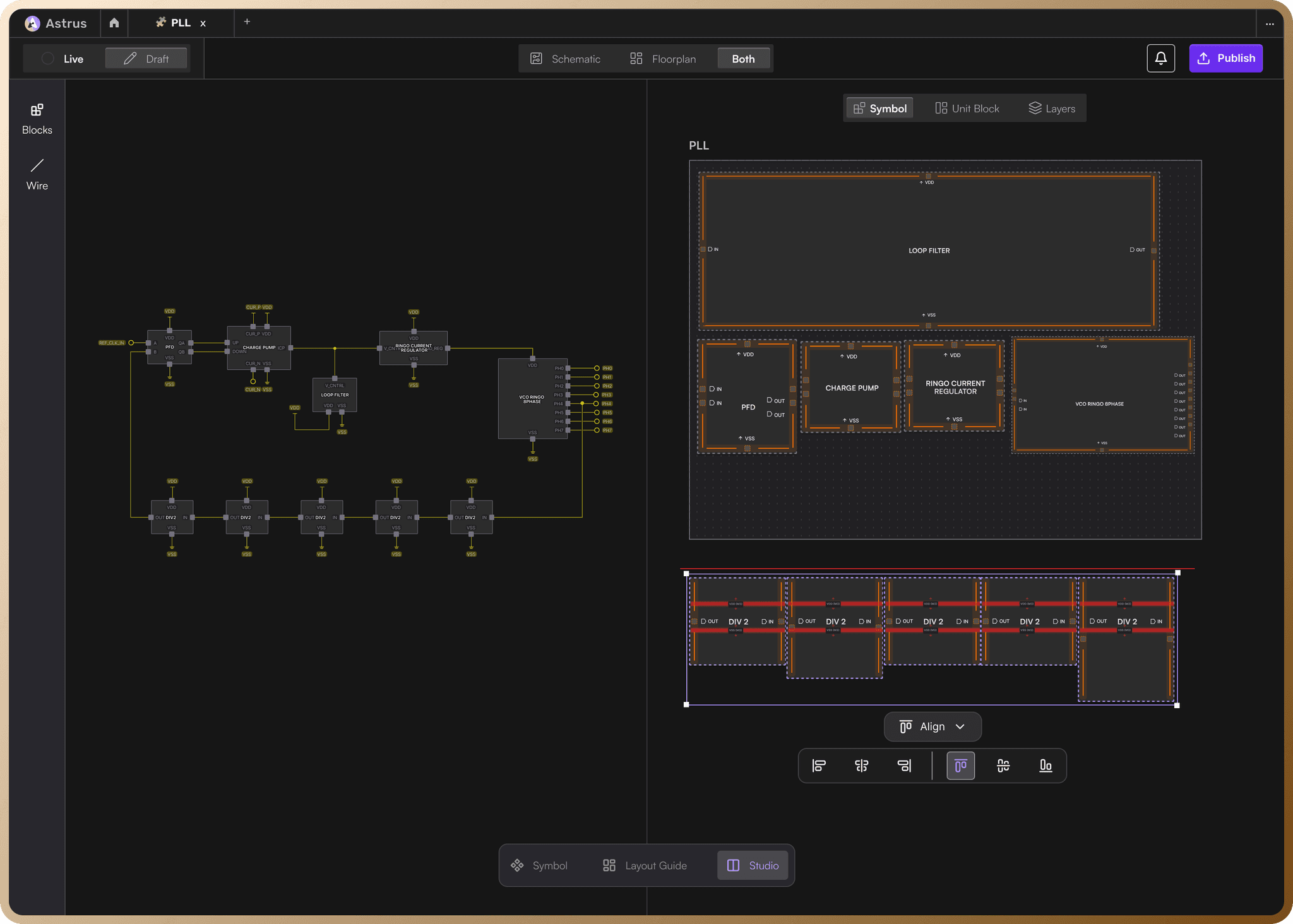 Astrus PLL schematic and floorplan editor