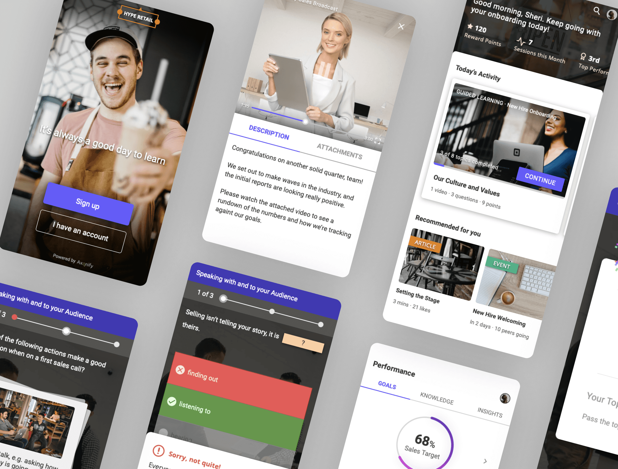 Collage of Axonify mobile training screens