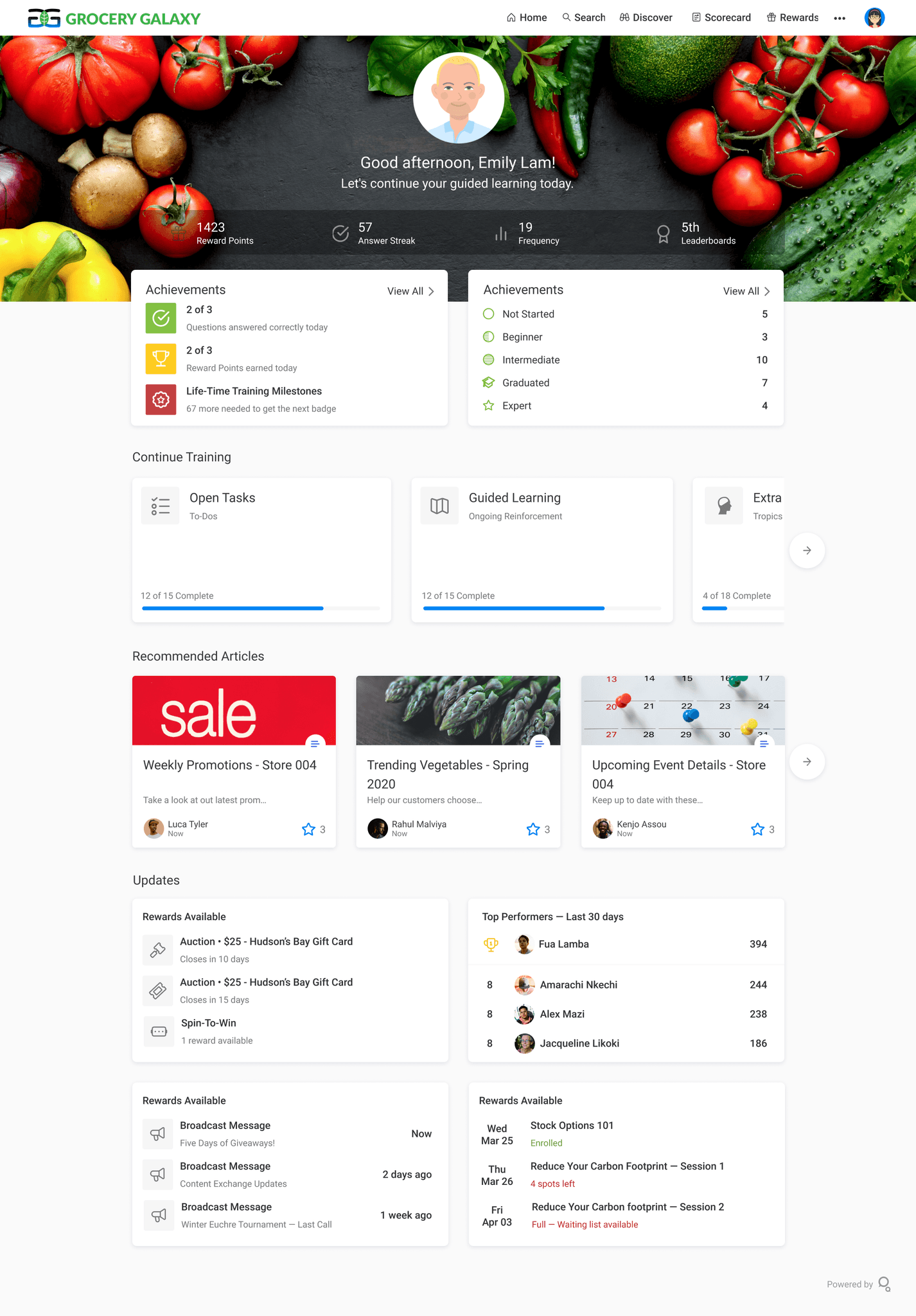 Grocery Galaxy learner dashboard with achievements and guided learning